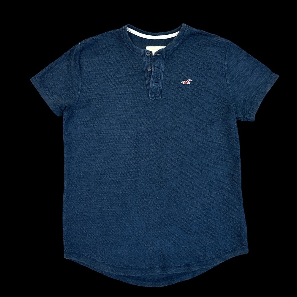 HOLLISTER navy blue Henley neck toweling tshirt - men’s S 26x19